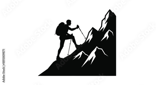 Silhouette of a hiker ascending a steep jagged mountain peak
