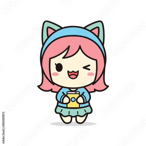 Cute Cartoon Girl with Cat Ears Vector Illustration