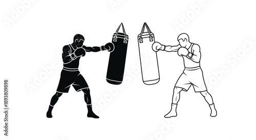 Black and white illustration of a boxer punching a hanging boxing bag