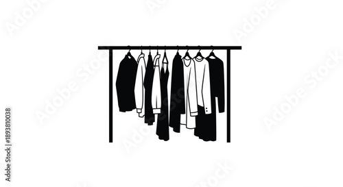 A simple black and white line drawing of clothes hanging on a rack