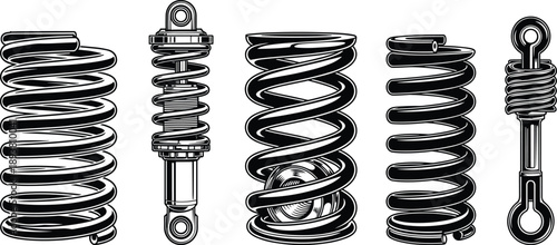 Black and white vector illustration set of automotive coil springs and shock absorbers for car suspension system maintenance mechanical repair and engineering design