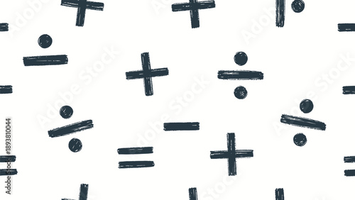 Mathematical symbols scattered on white background plus minus equals division signs
