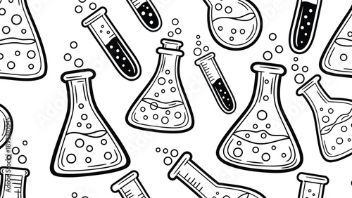 Black and white illustration of laboratory equipment with beakers and test tubes on a white background