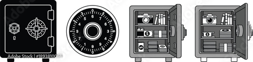 Black and white vector illustration set of bank safe deposit boxes featuring combination dial lock and open vault with money and camera