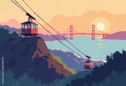 cable car climbing steep San Francisco hill, rendered whimsical flat style bay visible distance under warm sunset glow