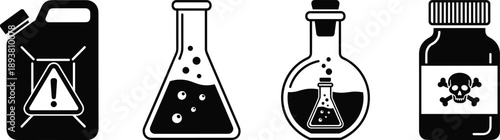 Black and white vector illustration set of chemical containers including laboratory flasks toxic poison bottle and fuel jerrycan for science safety design