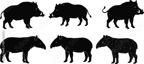 Black silhouette wild boar and tapir set with animal icons in various standing poses for forest wildlife and nature conservation design elements