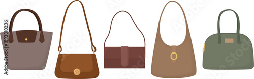 Set of leather women's handbags of various shapes and styles. Fashionable accessories isolated on white background