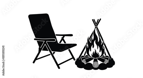 A minimalist depiction of a chair next to a campfire and teepee