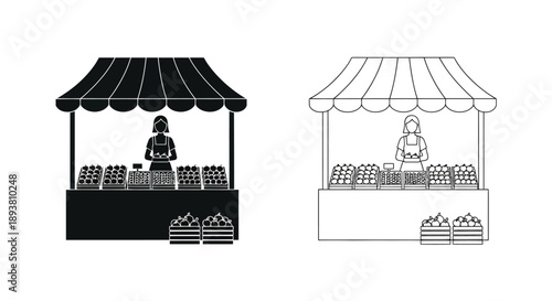 Two market stall illustrations one solid black one line art