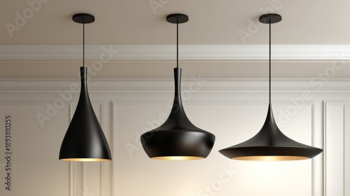Three modern black pendant lights with gold interiors hanging against a cream wall