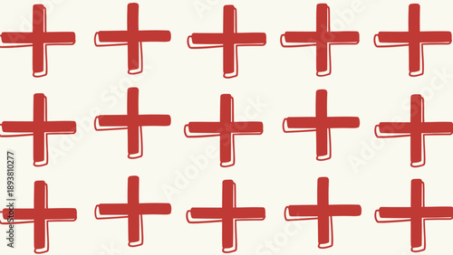 Red plus signs arranged in rows on cream background symbolizing addition or medical icons