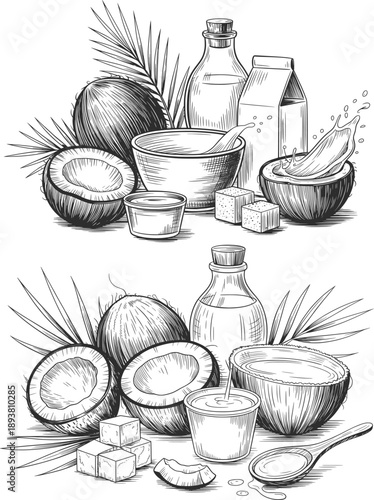 Coconut Milk Oil and Fruit Botanical Line Art Illustration.