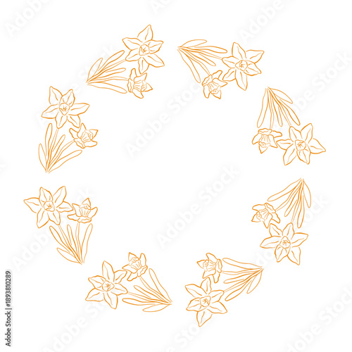 Wreath with Daffodil flower in line art style. Floral illustration for spring design, greeting card and wedding invitation.