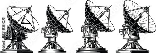 Black and white vector illustration set of four satellite dishes in different perspectives for space communication telecommunication and global network technology design