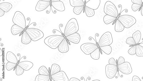 Butterfly pattern with multiple flying butterflies on white background in black and white illustration