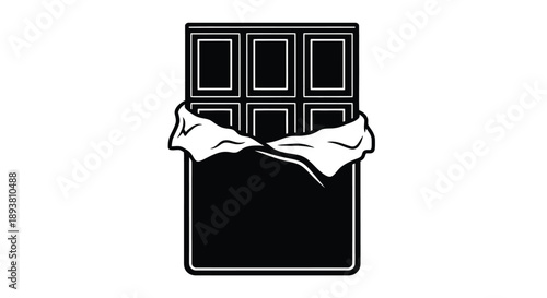 Opened chocolate bar with partially removed silver wrapper black and white