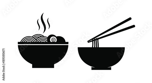 A simple black and white illustration of ramen in two bowls with chopsticks