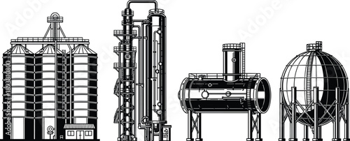 Black and white vector illustration set of industrial factory buildings oil storage tanks chemical silos and refinery infrastructure for energy and manufacturing design