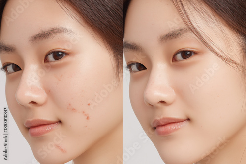 Before and after comparison of a young Asian woman's face treating acne and redness, K-beauty skincare and glass skin concept