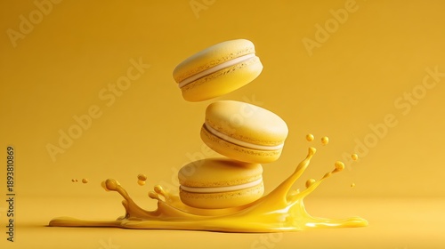Three pastel yellow macarons balanced in air above a splash of same-color liquid