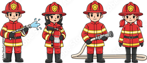 Firefighter Characters Illustration, Cute Cartoon Firemen and Firewomen, Emergency Rescue Team, Fire Hose Equipment, Safety Uniforms, Children Friendly Vector Design