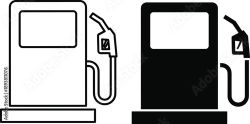 Gas station fuel pump icon set in outline and solid styles showing petrol dispenser, refueling concept, energy supply, transportation service and fuel industry symbols