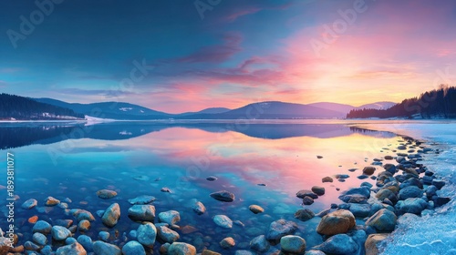 Tranquil lake scene at dawn, with colorful sky reflected in calm water and icy shore