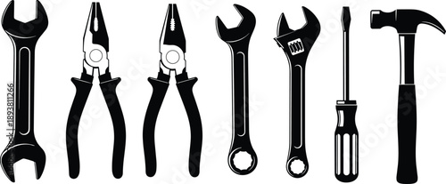 Hand tools silhouettes set featuring wrench, pliers, adjustable spanner, screwdriver, and hammer icons for construction, repair, and mechanical work isolated on white background