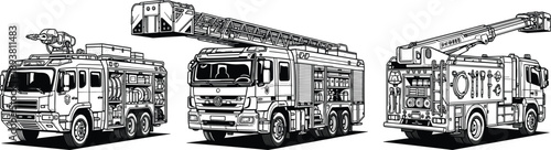 Black and white vector illustration set of modern fire trucks with aerial ladders and rescue equipment for firefighting emergency service and safety design