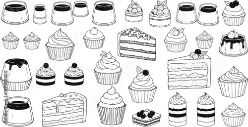 Black and white dessert vector collection with cupcakes, layered cakes, puddings, slices, and assorted bakery sweet illustrations
