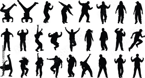 Hip hop dance silhouettes set featuring breakdance moves, street dancing poses, freestyle urban culture, energetic motion, and modern music lifestyle isolated on white background