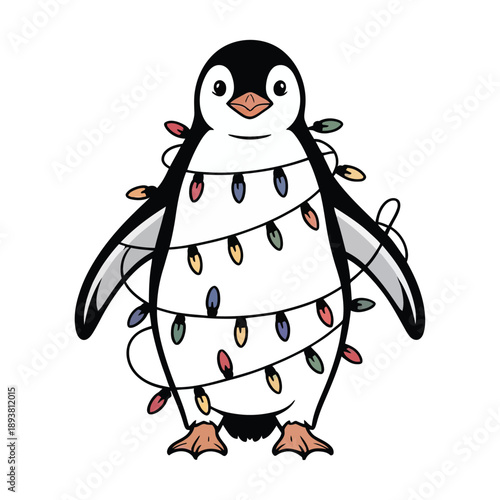 A charming cartoon penguin is cheerfully decorated with a colorful string of illuminated holiday lights creating a festive scene high-quality professional detailed.