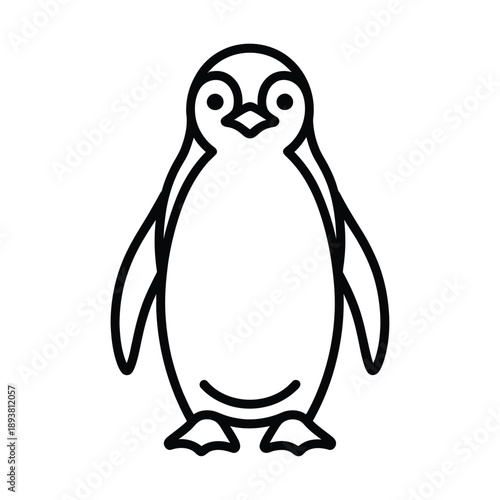 A simple black and white line drawing depicts a charming penguin with a rounded body flippers and a small cheerful smile high-quality.