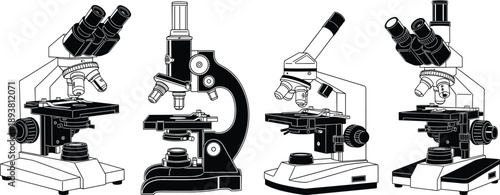 Black and white vector illustration set of professional laboratory microscopes for scientific research biology education medical analysis and chemical science discovery projects