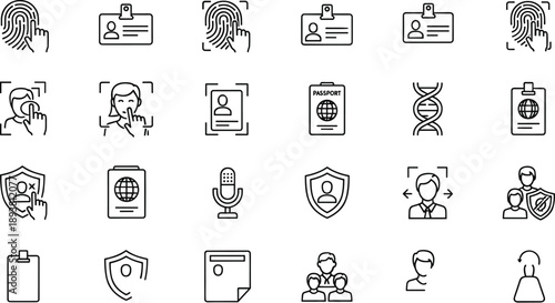 Biometric identity verification and cybersecurity authentication vector icon set featuring fingerprint, face recognition, passport, and digital access security symbols