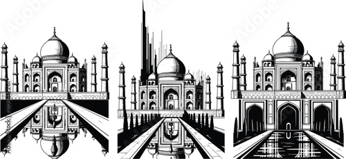 Black and white vector illustration set of Taj Mahal landmark in India featuring detailed line art with reflections for travel and historic design,