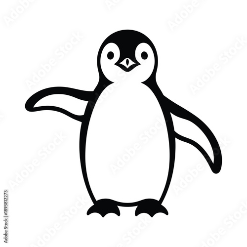 A charming black and white illustration depicts a cute penguin with outstretched wings creating a whimsical and inviting visual high-quality professional detailed.