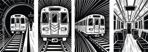 Black and white vector illustration set of subway trains in tunnels and station platforms for urban public transport transit and metro design