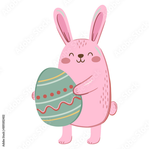 Playful pink bunny with easter egg illustration in hand drawn primitive style. Cute childish spring artwork for kids design