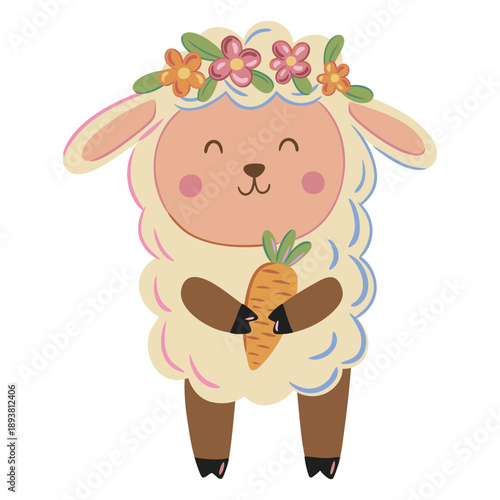 Playful sheep holding carrot illustration in naive hand drawn style. Cute childish farm art for spring projects