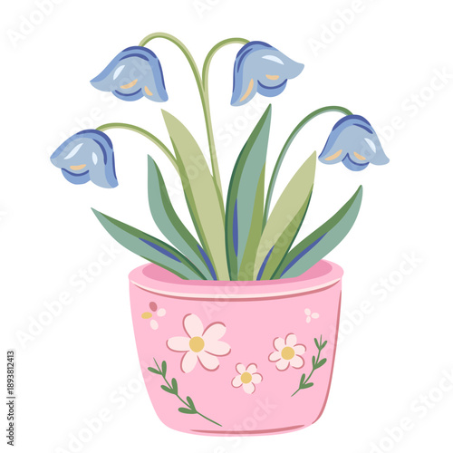 Spring potted blue bell flowers in playful hand drawn style. Soft pastel floral illustration for seasonal design