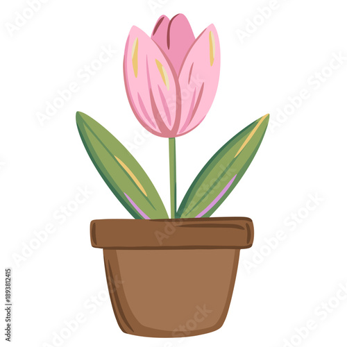 Spring potted pink tulip in playful hand drawn style. Soft pastel floral illustration for seasonal design