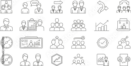 Business leadership and human resources line icon set illustrating management, teamwork, hiring, analytics, communication, and professional corporate roles