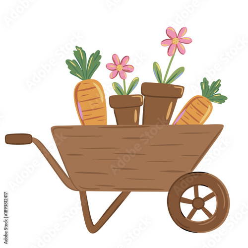 Spring garden cart with carrots and flowers in pots in playful hand drawn style. Stylized seasonal illustration