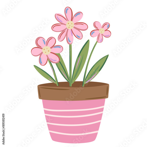 Spring potted pink flowers in playful hand drawn style. Soft pastel floral illustration for seasonal design