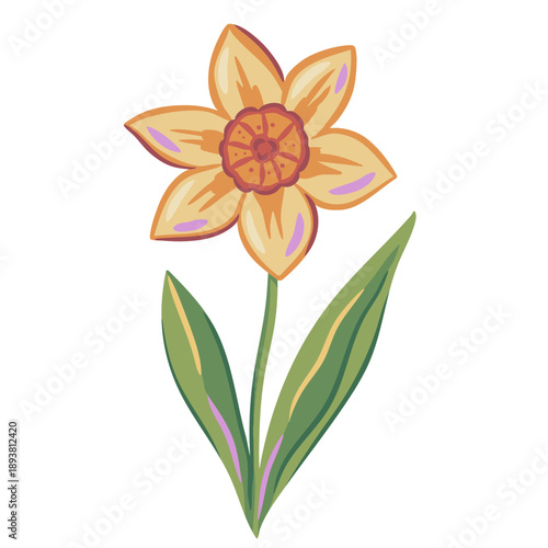 Single spring daffodil flower in playful hand drawn style. Soft pastel floral illustration for seasonal design