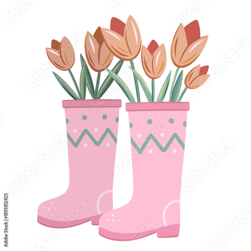 Spring tulips growing in rubber boots in playful hand drawn style. Soft pastel floral illustration for seasonal design