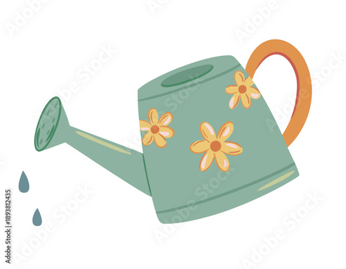 Spring watering can illustration in playful hand drawn style. Cute simple gardening artwork for modern seasonal design