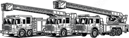 Black and white vector illustration set of three fire trucks with long ladders for emergency response firefighting and public safety service design